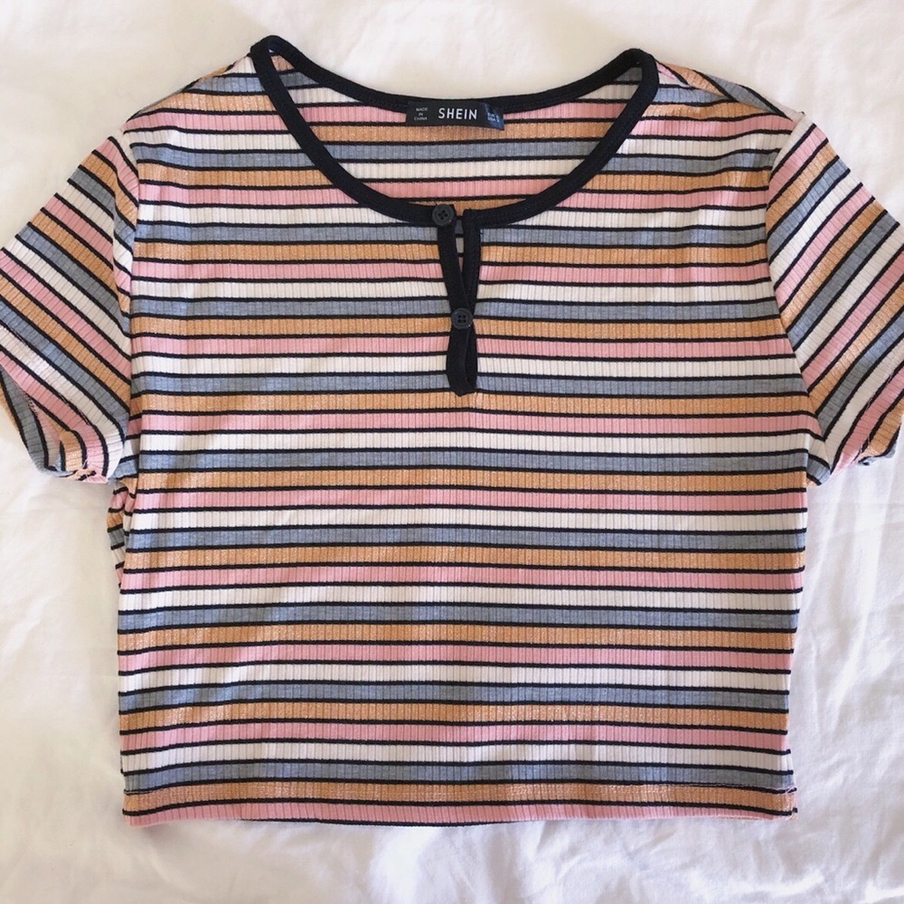 SHEIN multi-colored striped cropped shirt 🤍🖤🧡💗